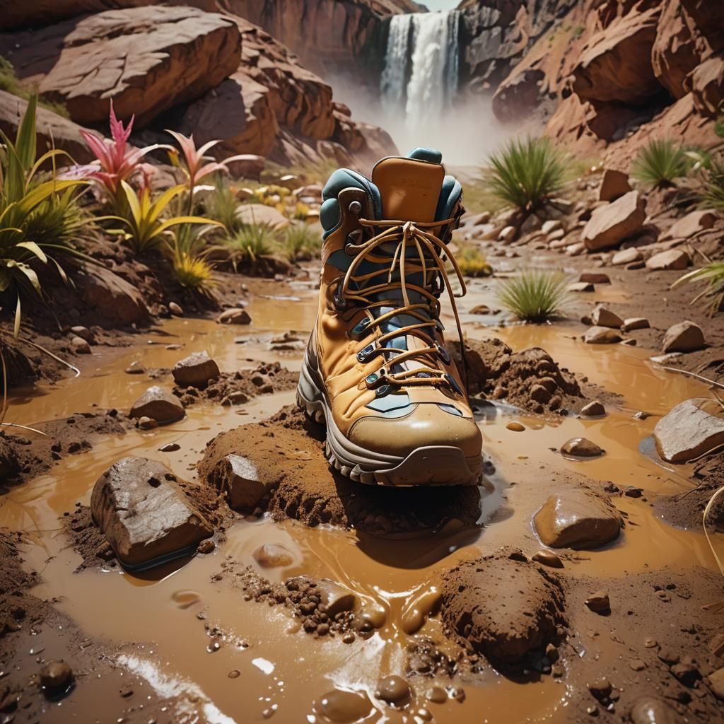 Surreal 3D Hiking Boot in Dreamy Psychedelic Scene