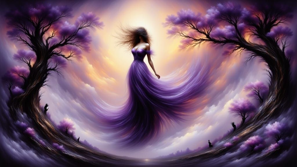 Andrea in Violet Dress Surrounded by Art, Art Nouveau Style