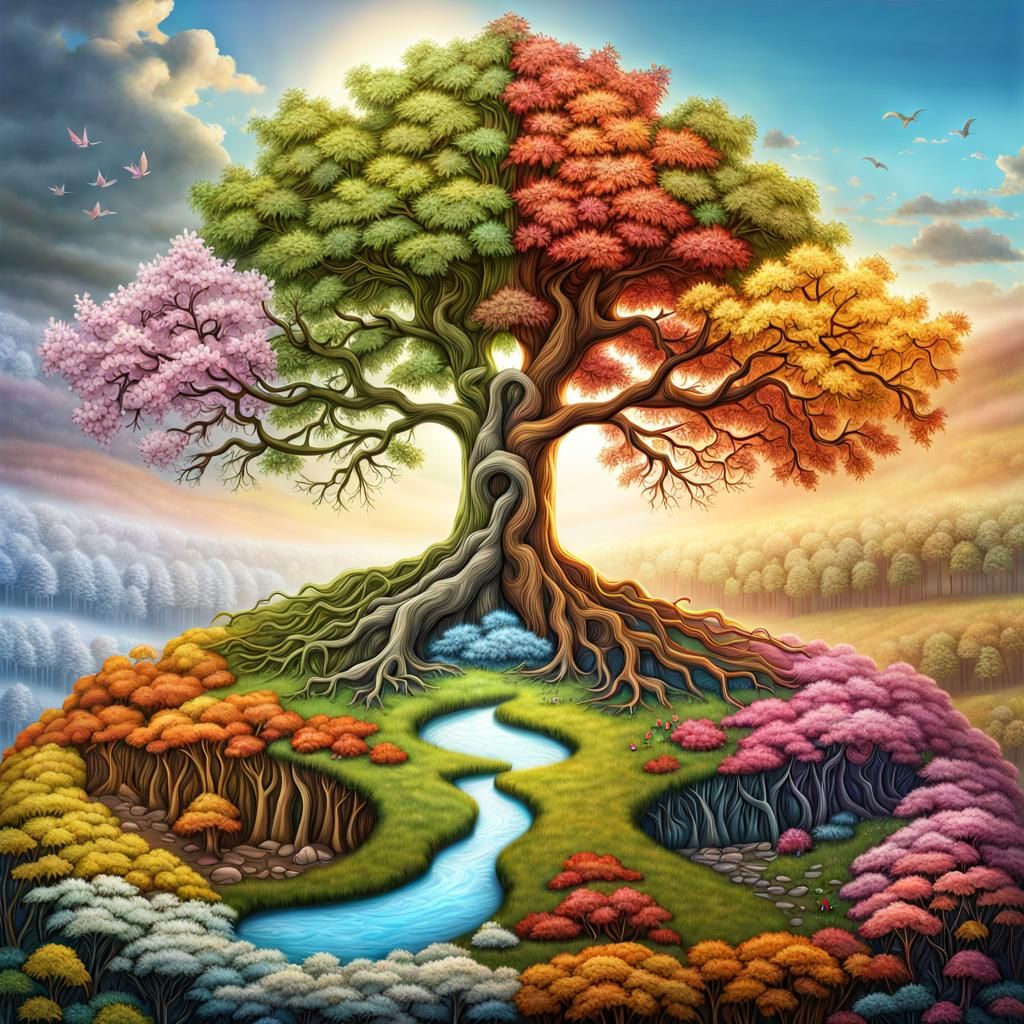 Surreal Four Seasons Tree: Photorealistic 3D Art
