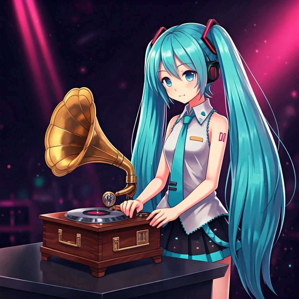 Hatsune Miku Scratches Gramophone in Vibrant Party Setting