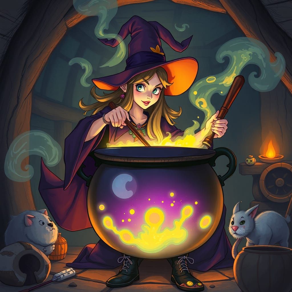 Whimsical Witch Stirring Cauldron in Anime Style