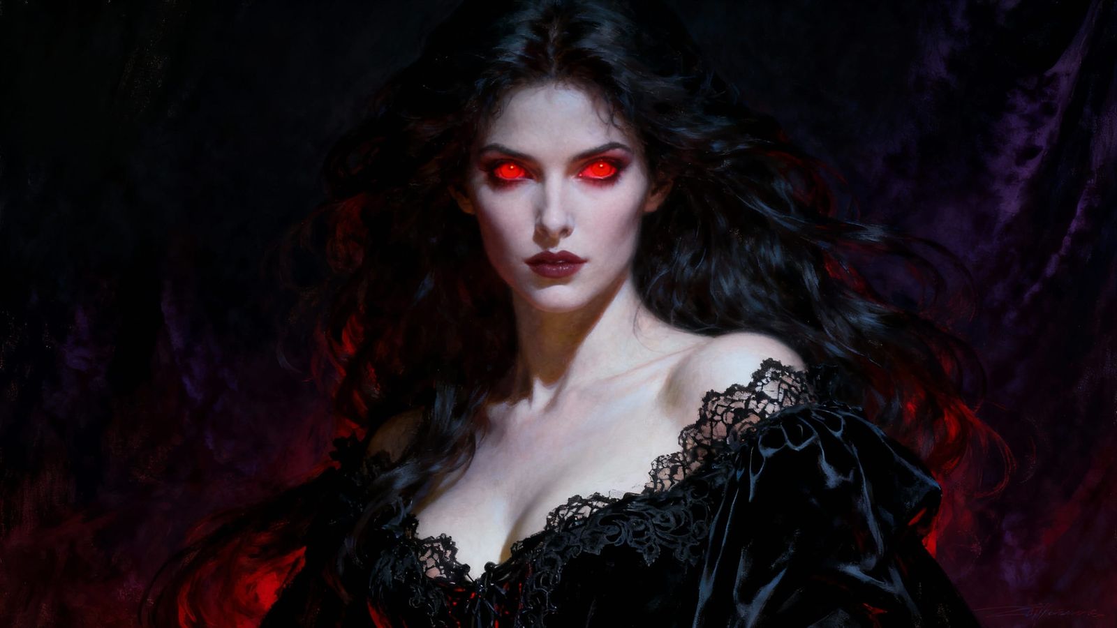 Gothic Woman With Glowing Red Eyes in Dark Fantasy Style