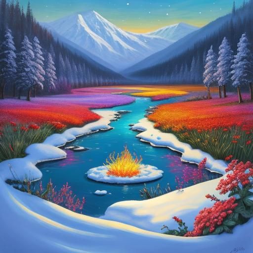 Colorful Valley Art with Fire, Water, Snow, and Flowers