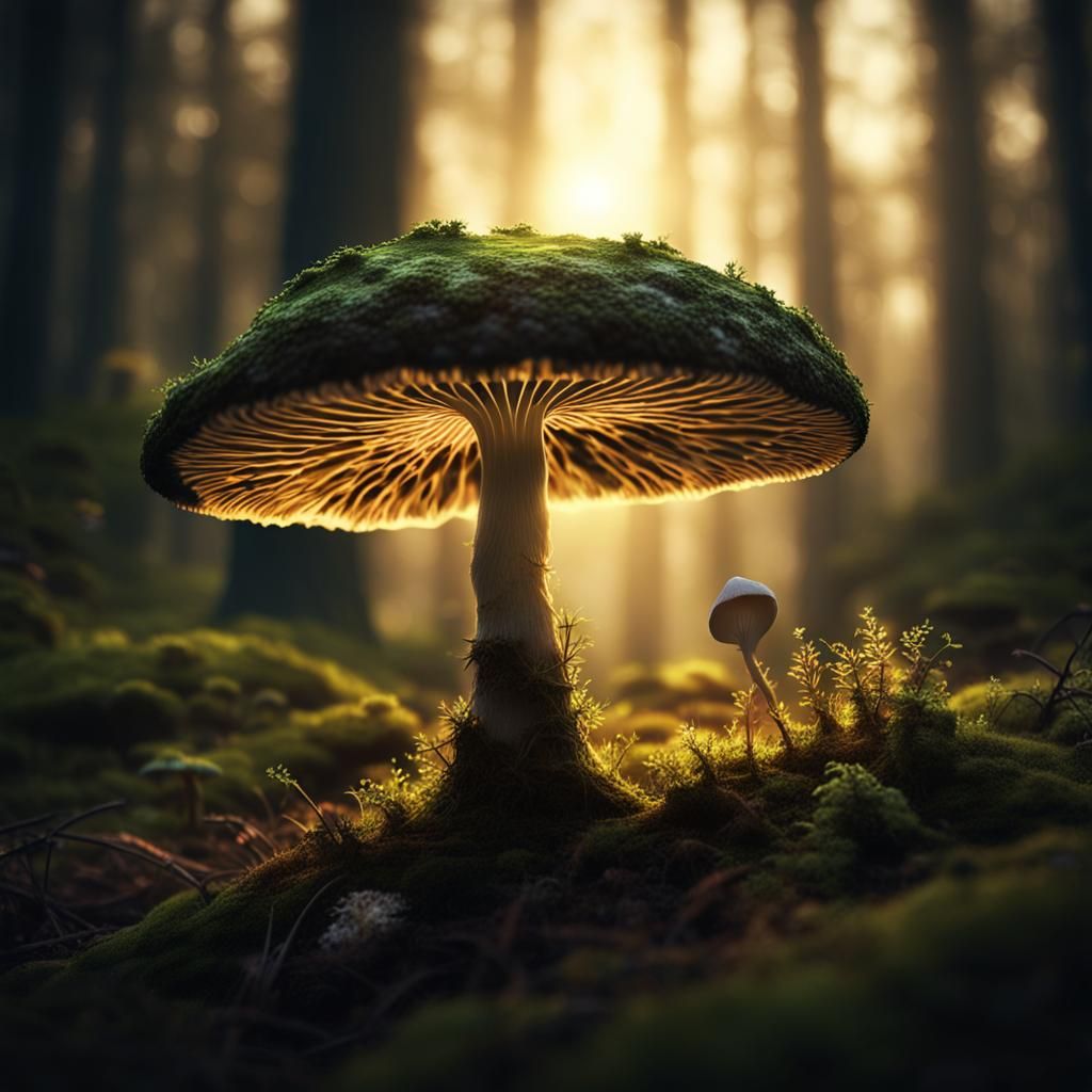 Luminous Mushroom in Dark Forest Illustration