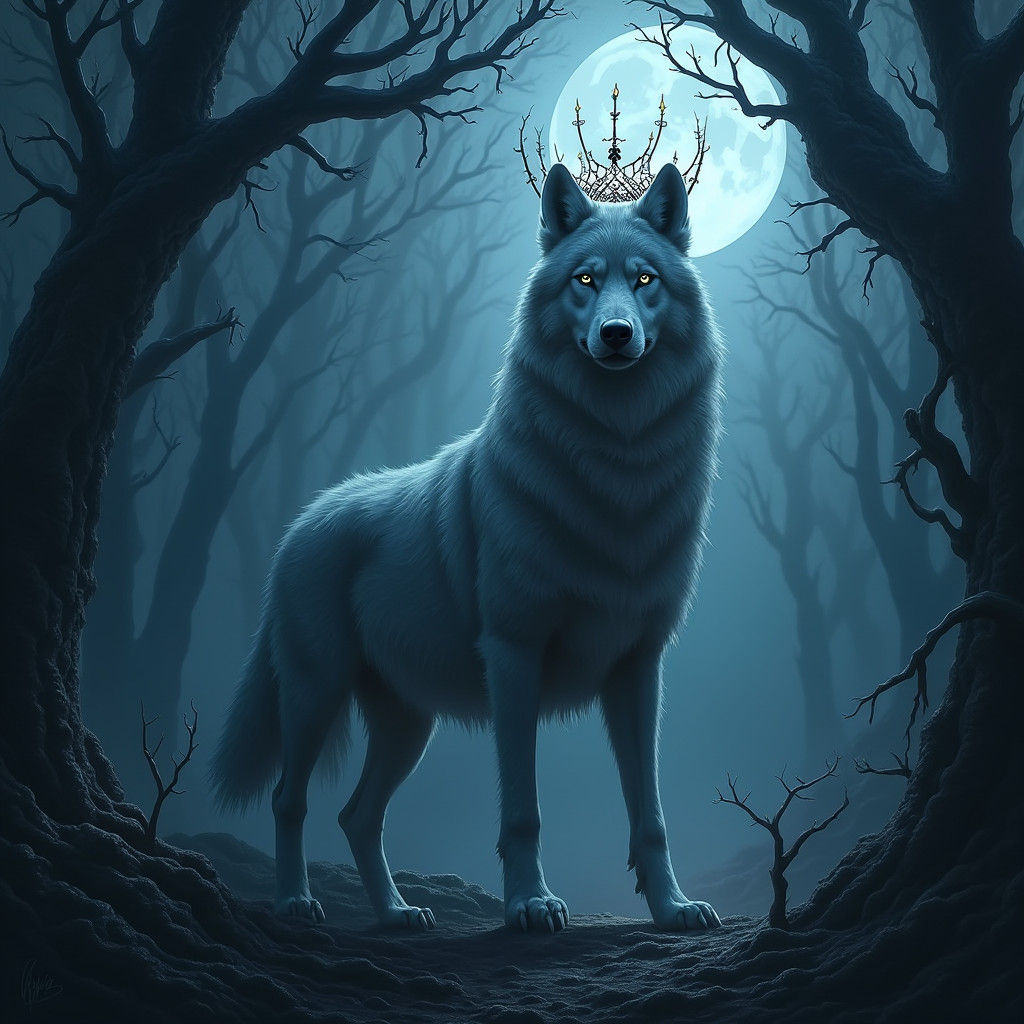 Mystical Wolf King in Ancient Forest, Oil Painting