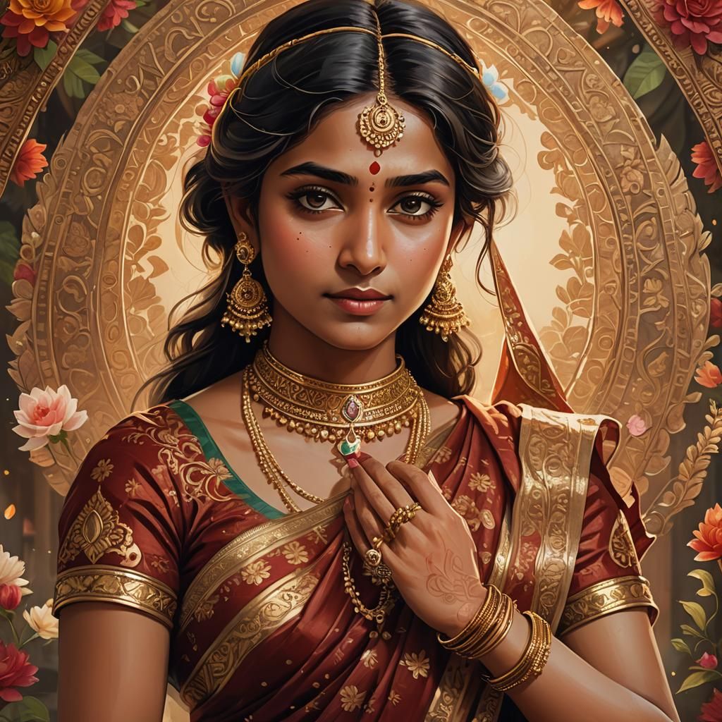 Indian Woman in Saree, Raja Ravi Varma Style