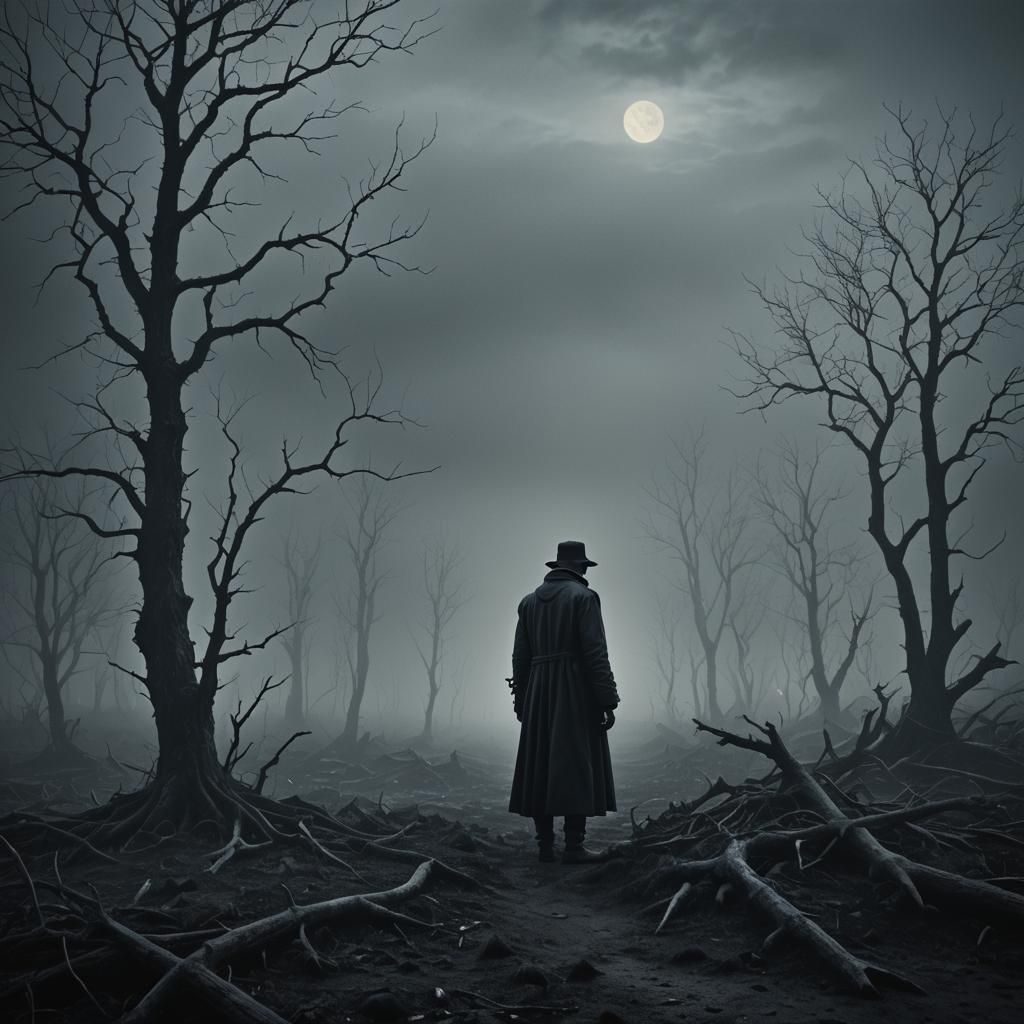 Lonely Figure in Dark Gothic Landscape