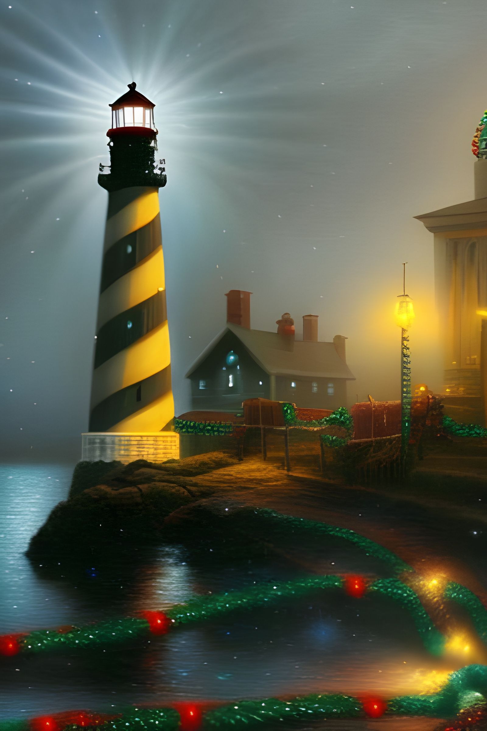 Christmas Lighthouse Shimmers in Holiday Fog