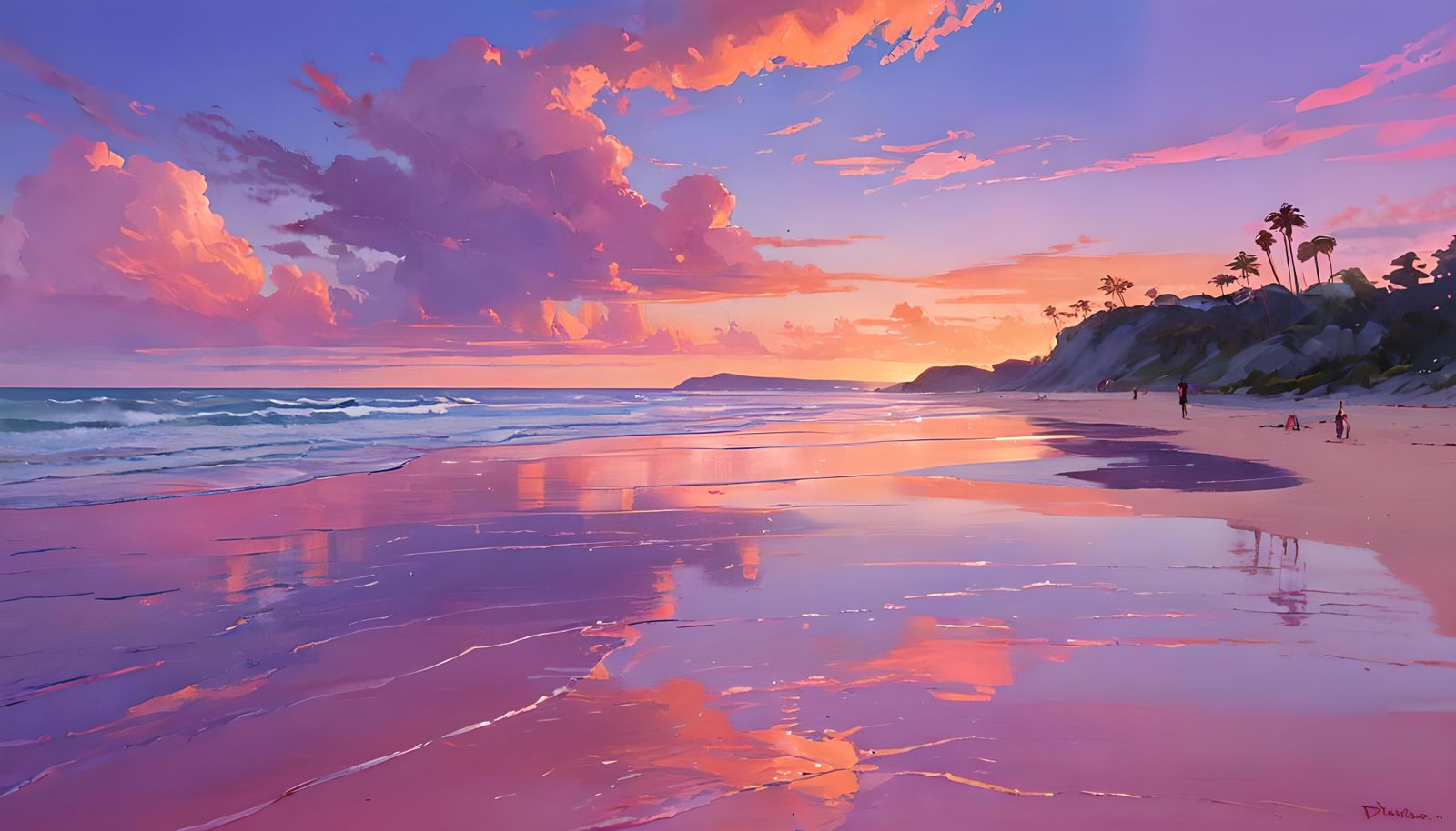 Pink Sand Beach Sunset in Digital Art Style