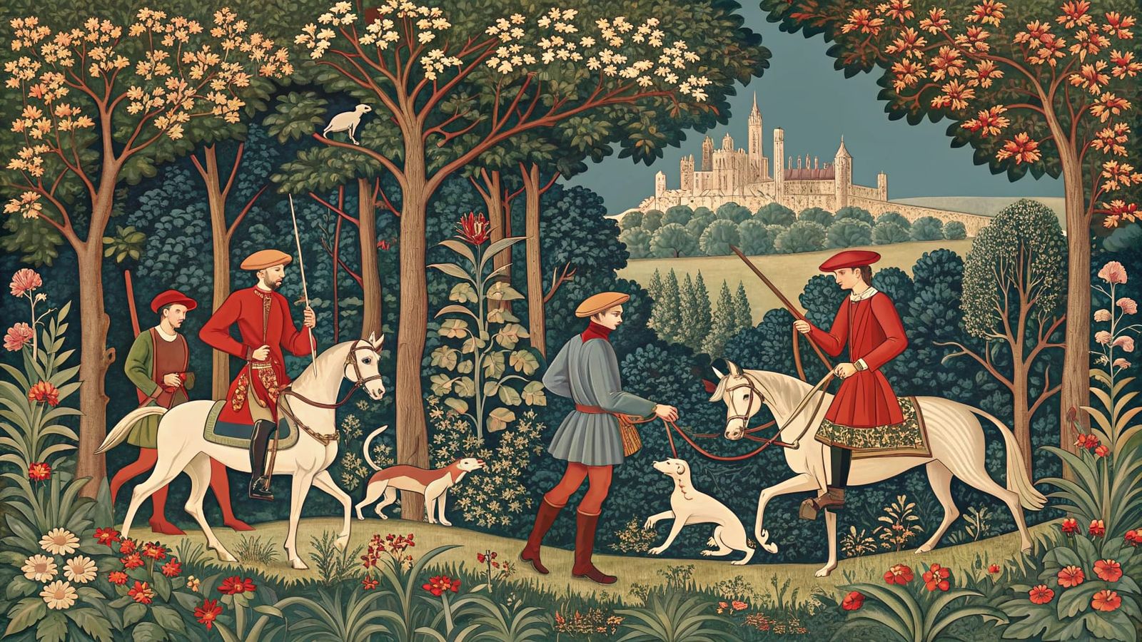 Medieval Tapestry: Huntsmen and Hounds in a Forest Setting