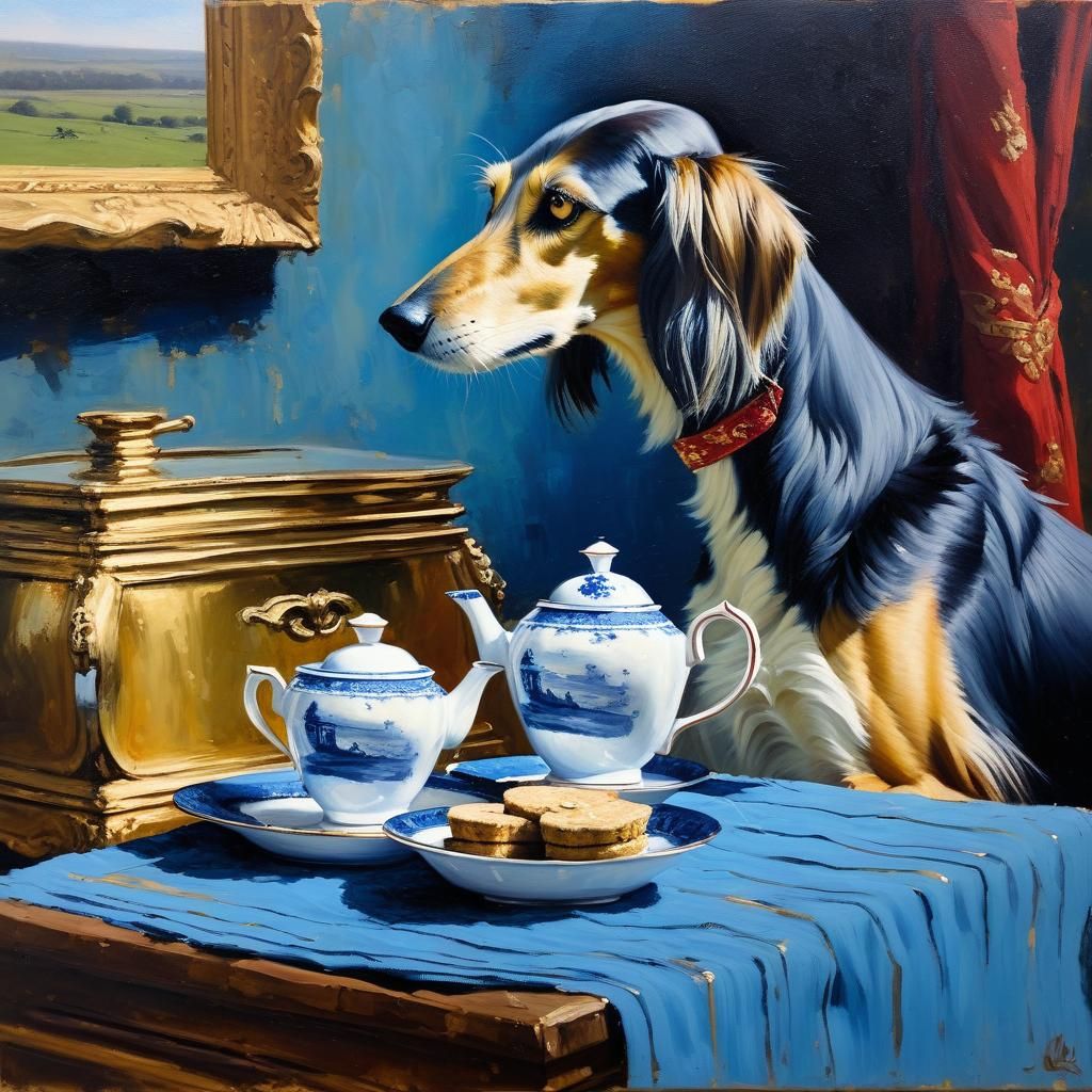 Saluki Sipping Tea: Oil Painting