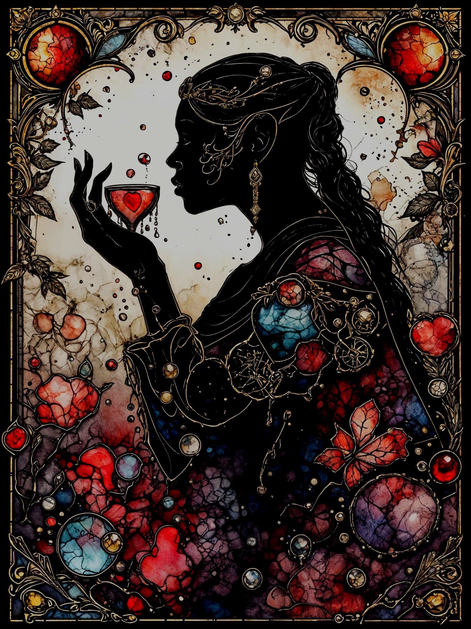 Queen of Aces Kissed by Devil in Stained Glass