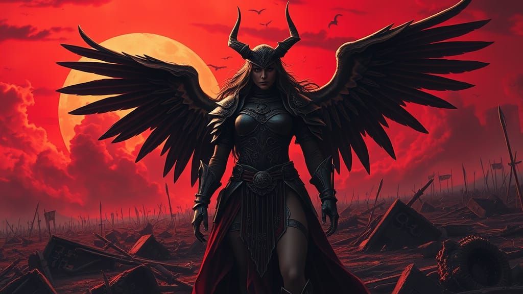 Fierce Valkyrie Silhouetted Against a Blood-Red Sunset