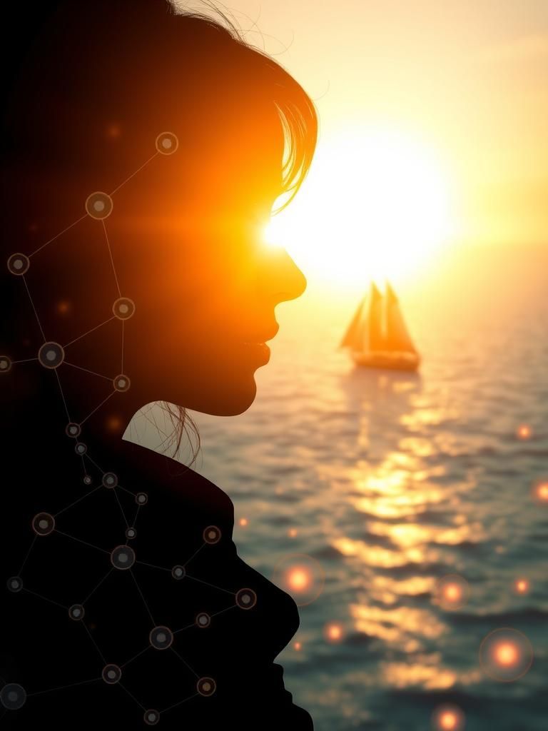 Anthropomorphic Silhouette at Sunrise with Network Overlay