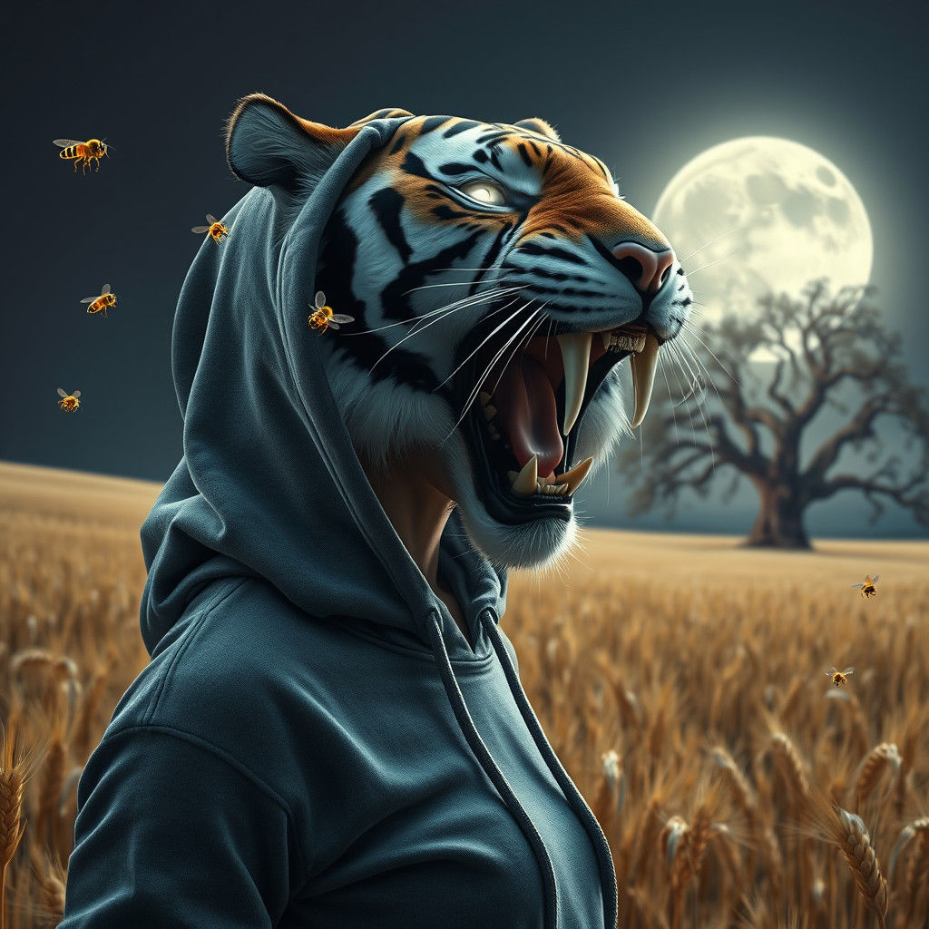 Tiger-Headed Woman in Wheat Field With Neon Bees
