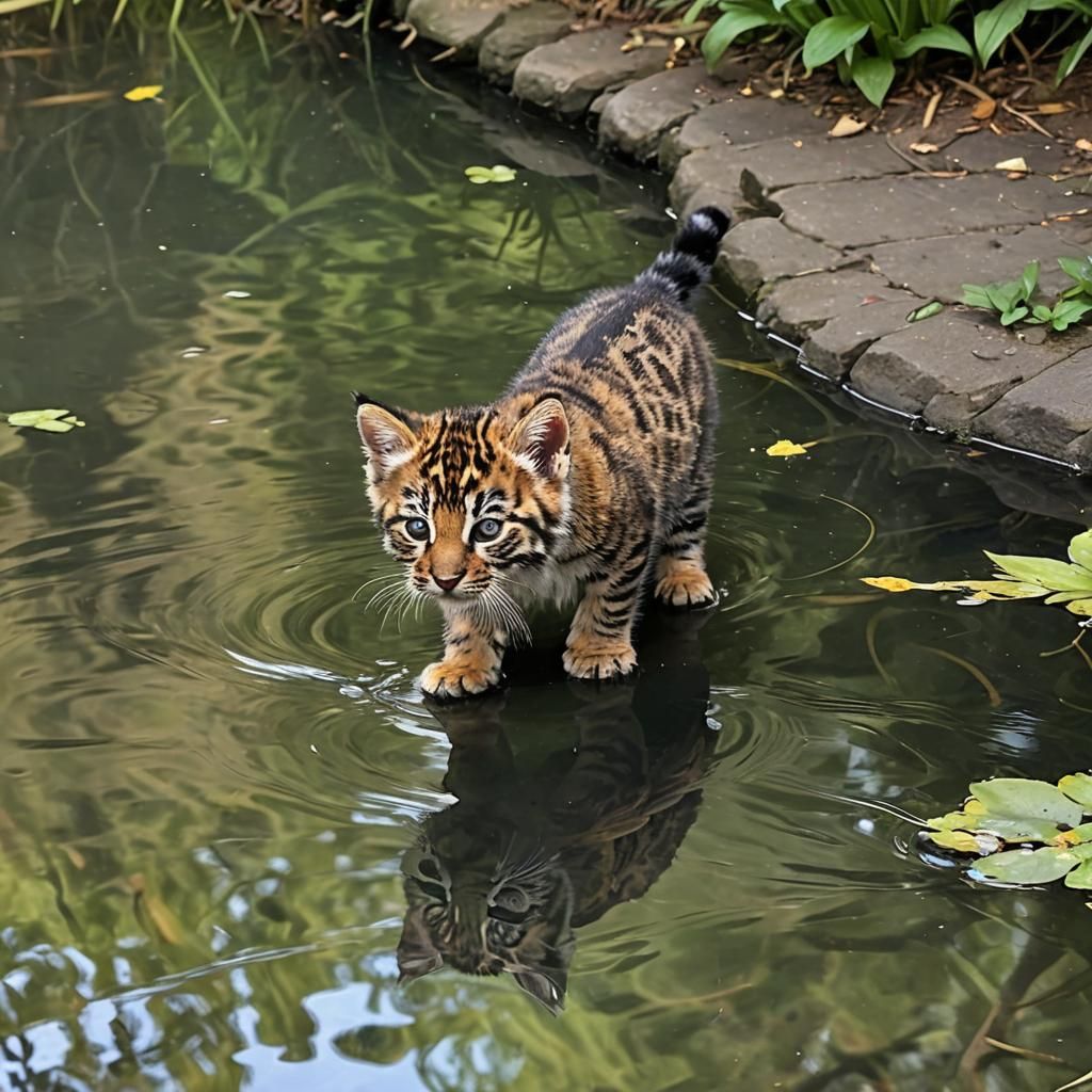 Kitten Sees Tiger Reflection in Pond