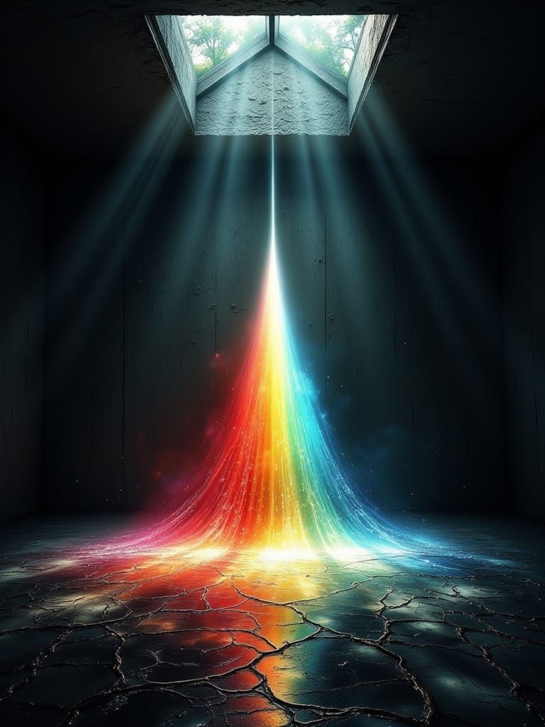 Sunlight Through Prism Creates Rainbow in Dark Room