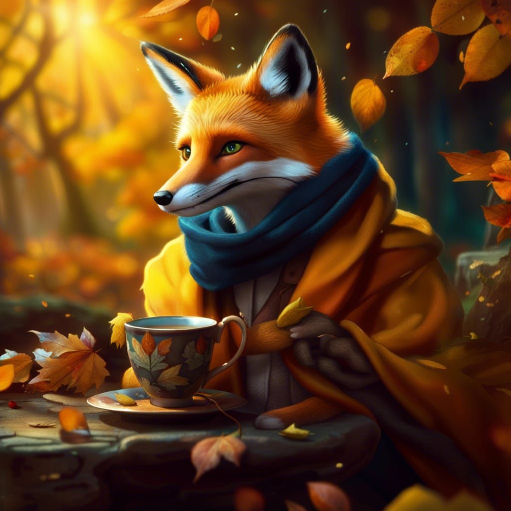 Autumn Fox Drinks Tea in Disney Style