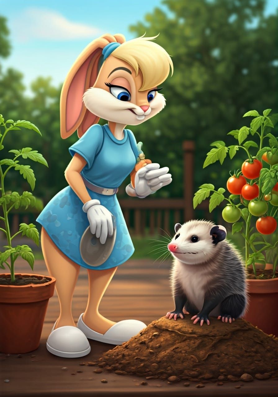 Lola Bunny Chatting with Opossum in Garden