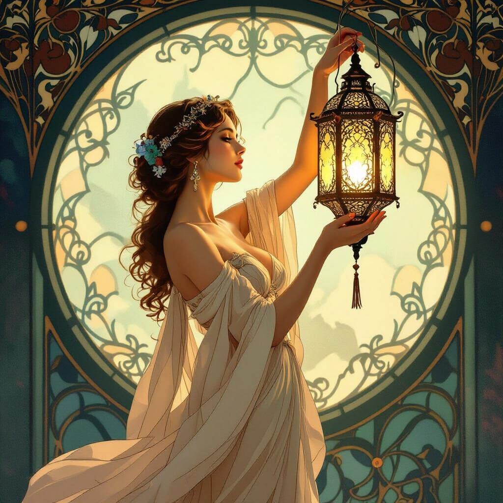 Art Nouveau Woman with Lantern in Flowing Gown