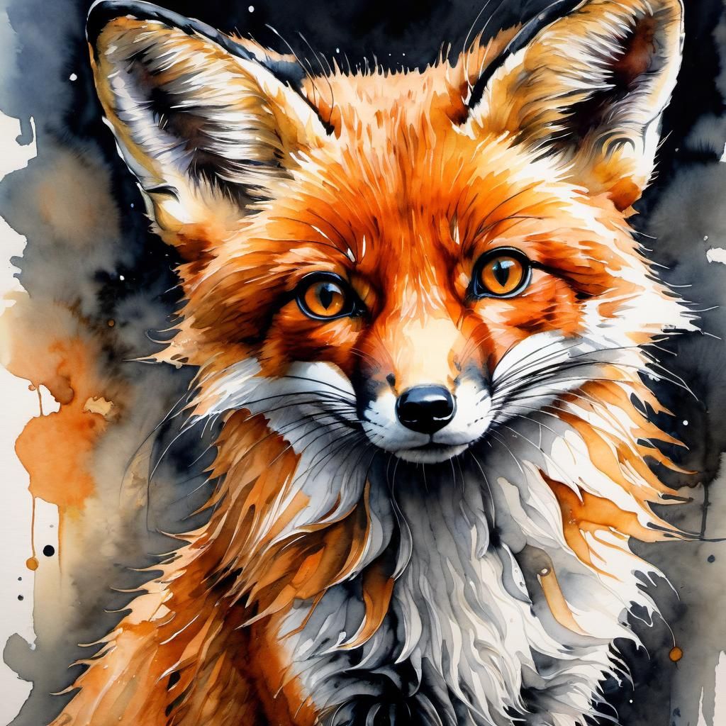 Detailed Watercolor Portrait of a Cute Fox Cub