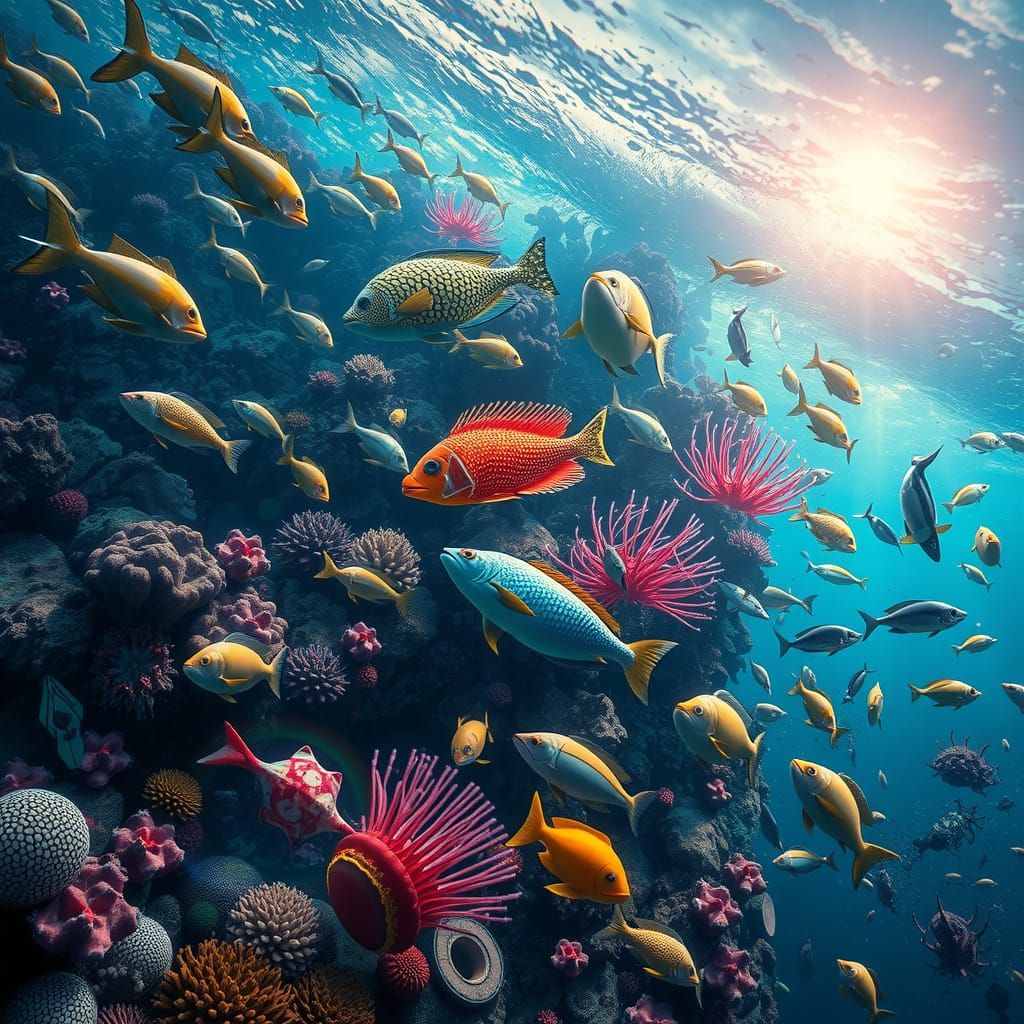 Vibrant Maximalist Ocean Scene in Digital Rendering