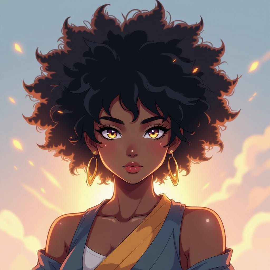 Anime Black Goddess with Afro Hair and Powerful Aura