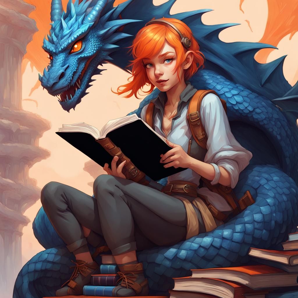Girl Reading with Dragon: Art Nouveau Portrait