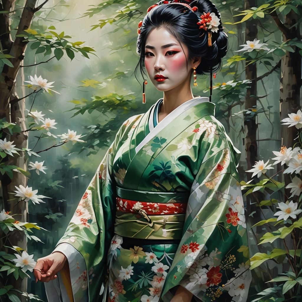 Fantasy Geisha in Emerald and Sapphire Light