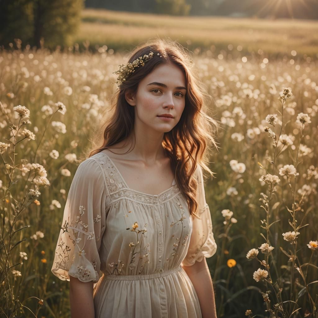 Ethereal Woman in Sunlit Meadow: Surrealist Photography
