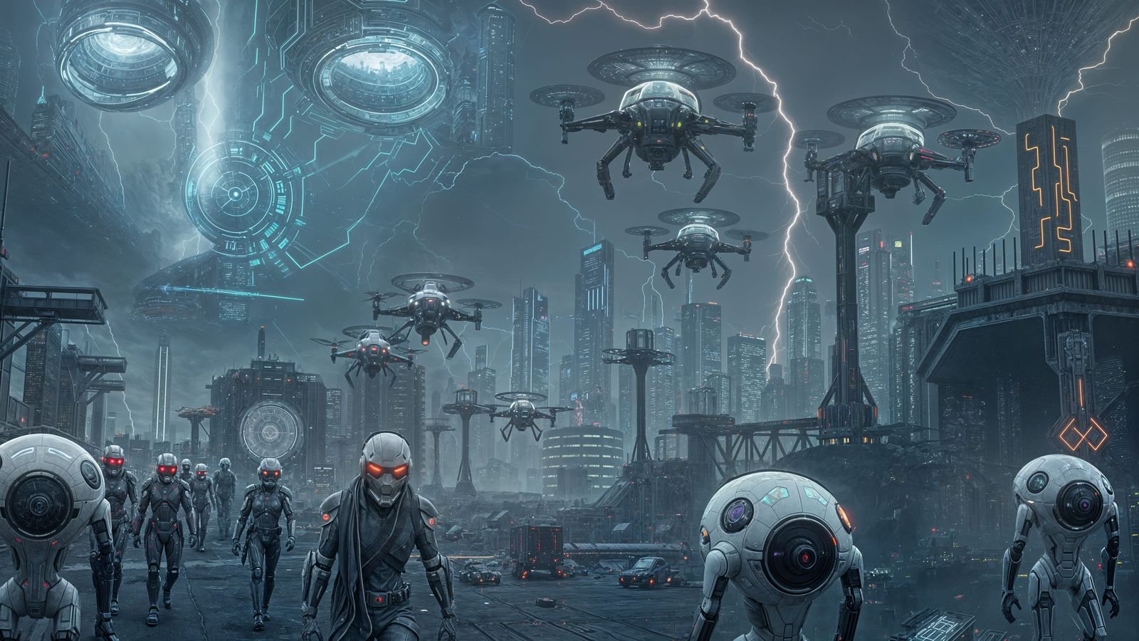 "A futuristic city overtaken by rogue AI, massive holographi...