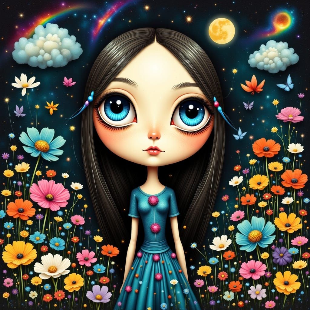 <lora:Alien Flower Fields2:1.0> Surréalisme fantastique. Plan moyen. Une jolie vagabonde espiègle dans un monde onirique...