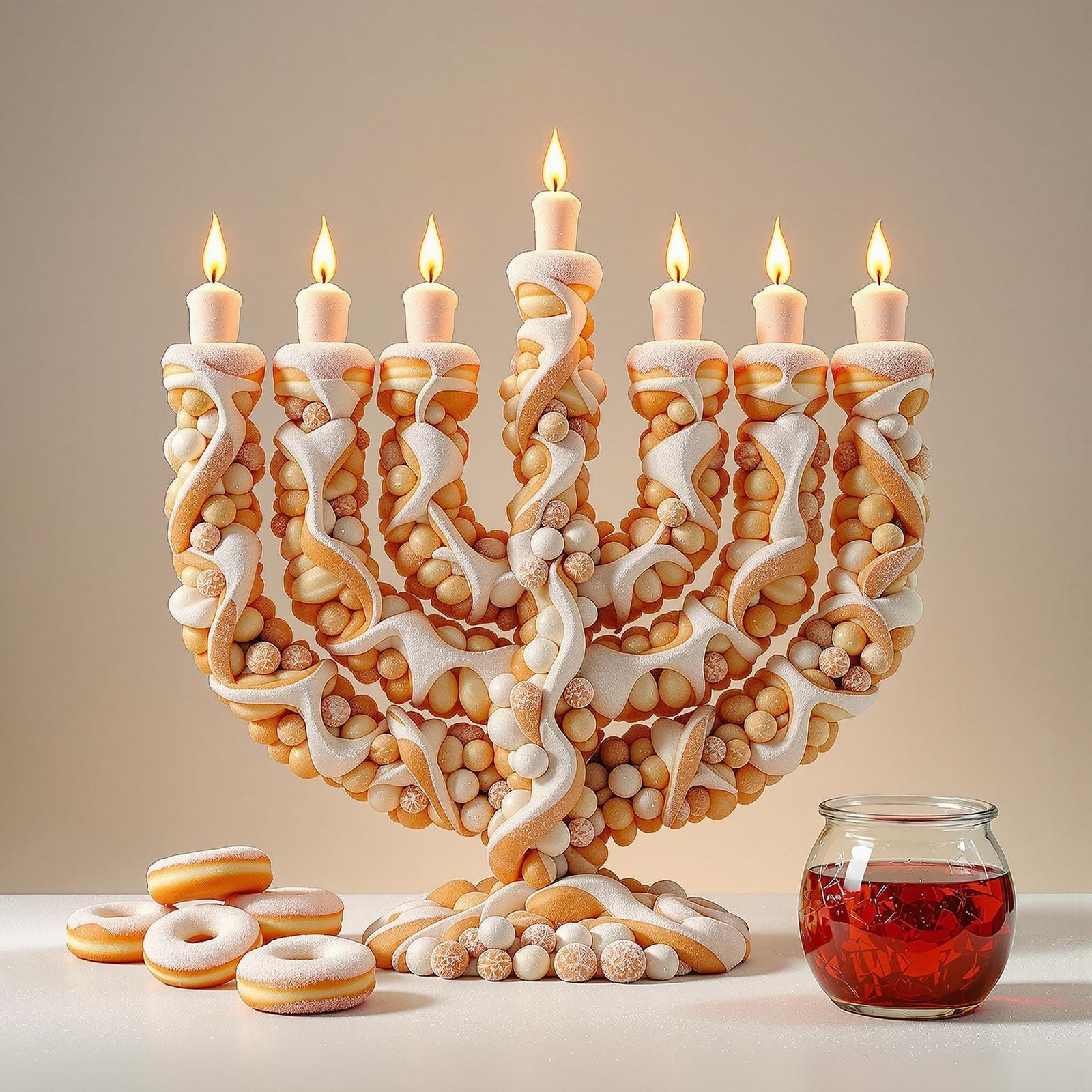 Sugar-Coated Donut Menorah in Hyper-Realistic Style