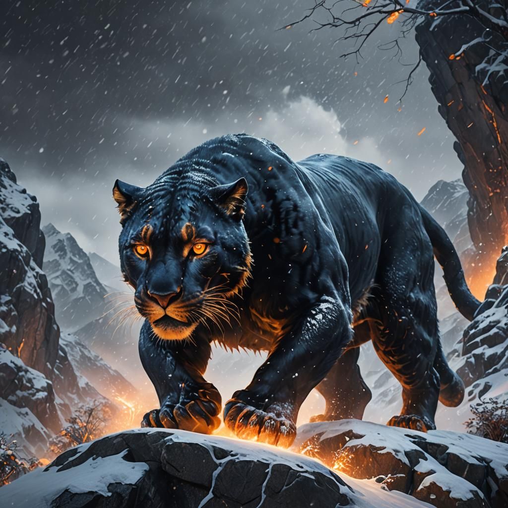 Giant Panther Climbs Snowy Mountain: Hyper-Realistic Digital...