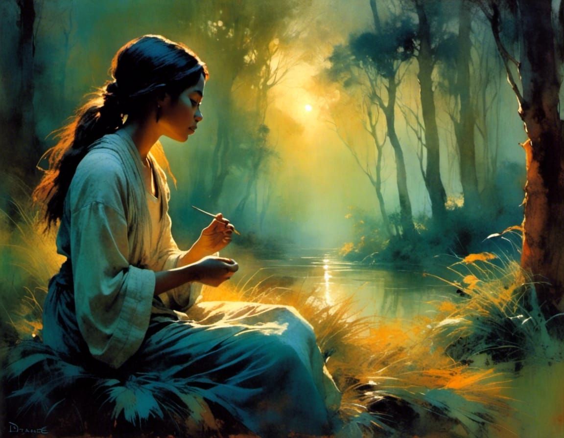 Hawaiian Woman in Park: Tonalist Painting