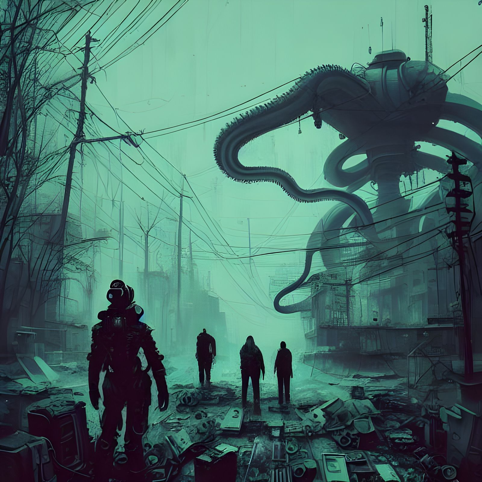 Neon Octopus Humanoids in Post-Apocalyptic Landscape