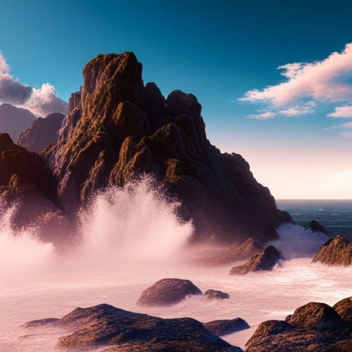 Waves Crashing on Rock Island, Detailed Matte Painting