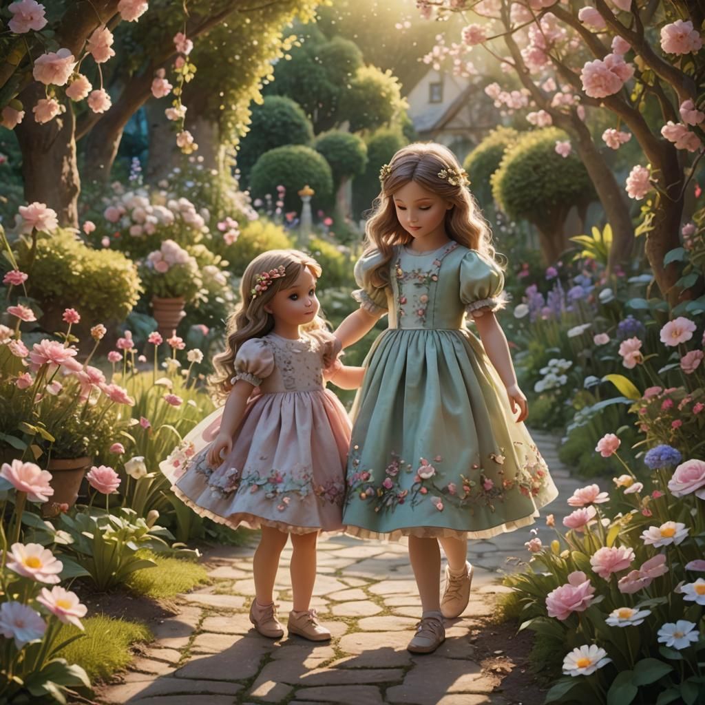 Girl and Doll in Dreamy Garden: Digital Matte Painting