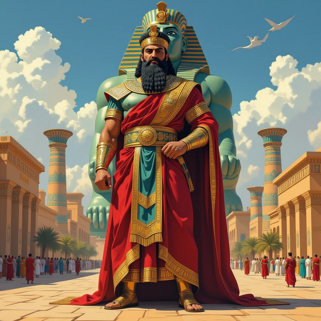 Nebuchadnezzar's Grand Statue in Mesopotamian Cityscape