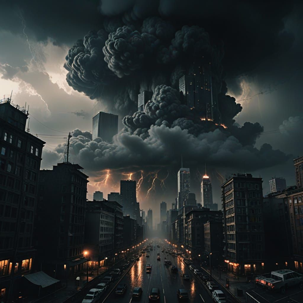 Ominous Death Cloud over Apocalyptic City in Dark Fantasy Ar...