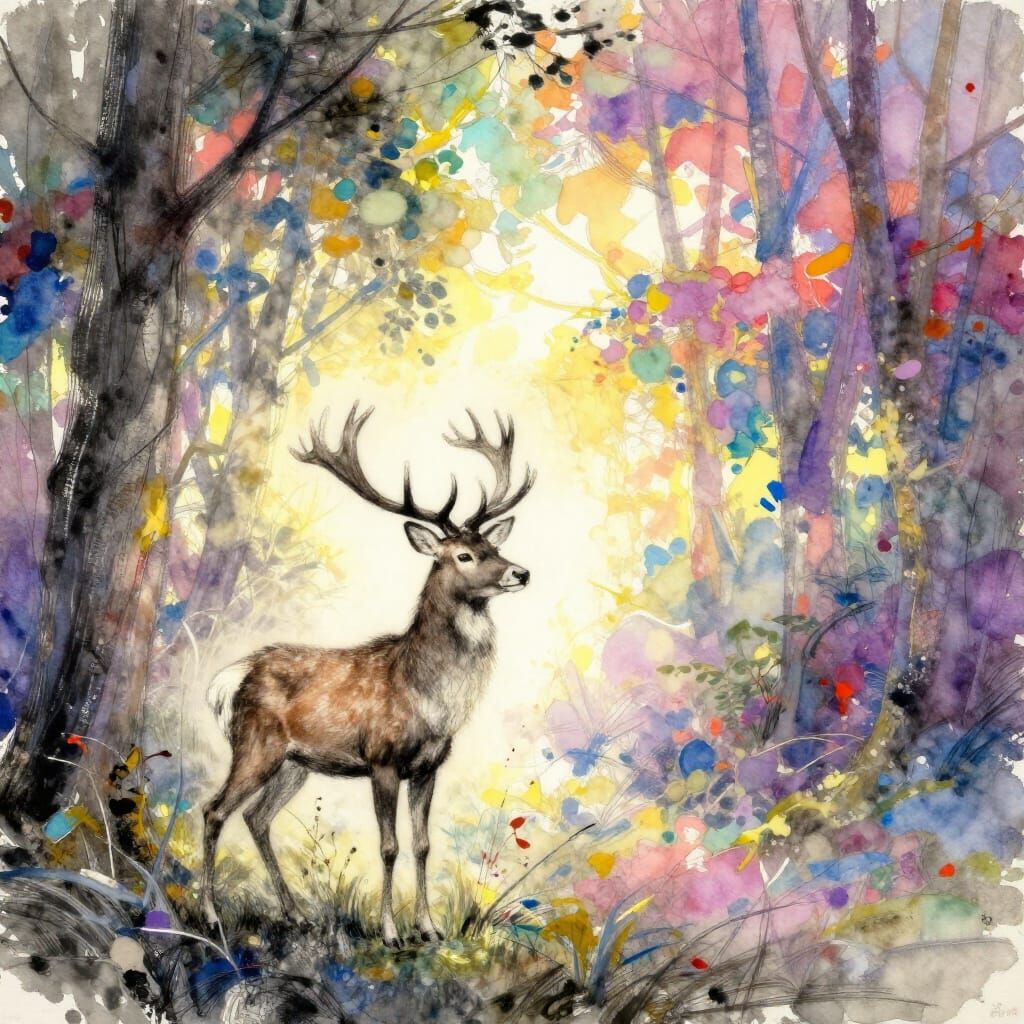 Stag in Glowing Forest Watercolour Sketch