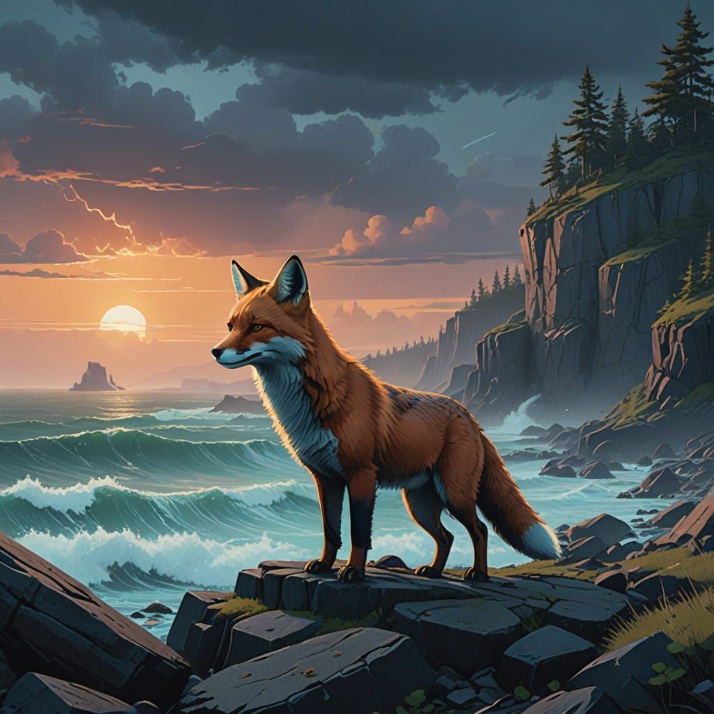 Majestic Fox Stands on Cliff, Overlooking Turbulent Ocean in...