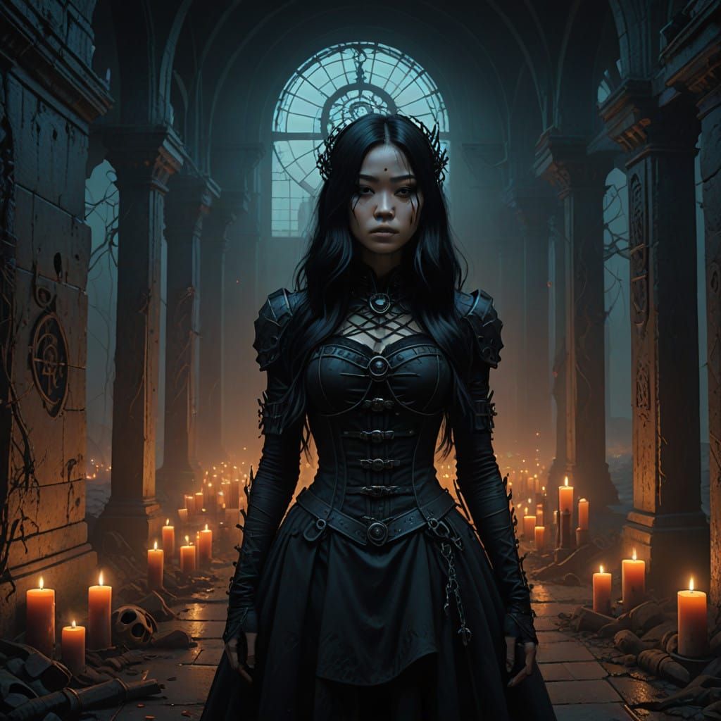 Ethereal Gothic Goddess Amidst Cryptic Ruins