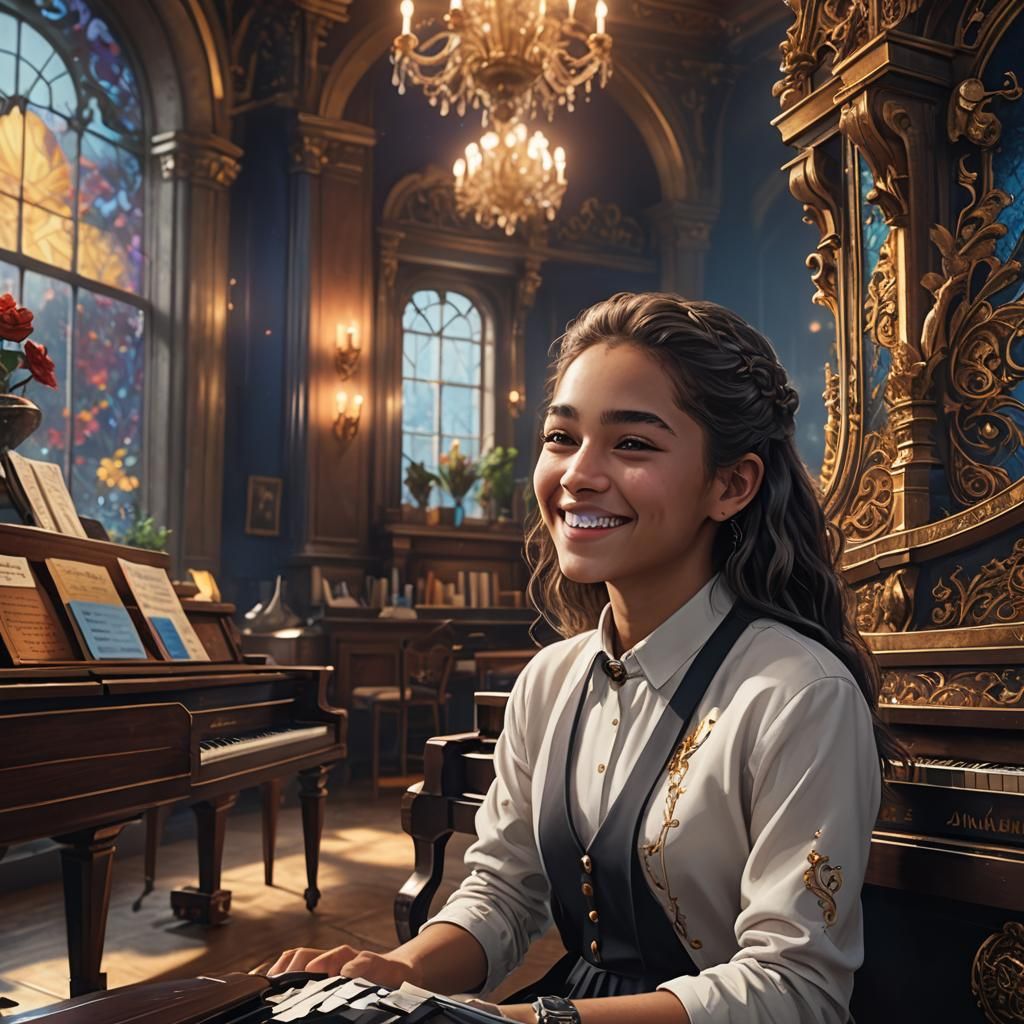 Teenage Girl Plays Piano in Matte Painting Style