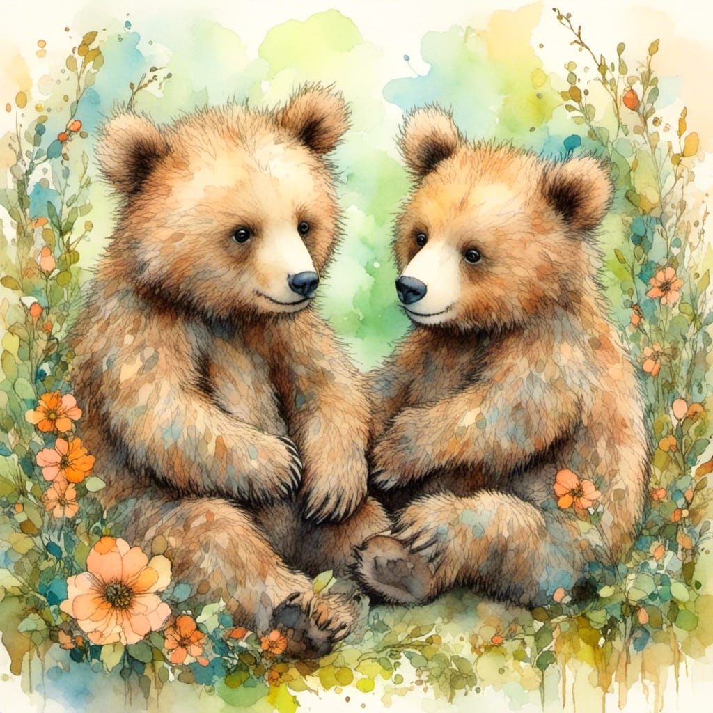 Cute Bear Cubs in Vintage Style