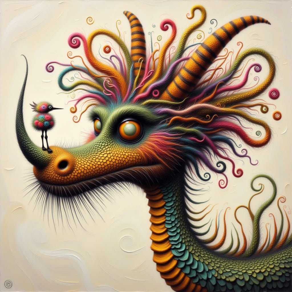 Colossal Dragon Snout with Tiny Rainbow Creature in Whimsica...