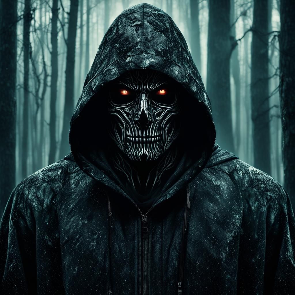 Ominous Hooded Figure in Dark Woods