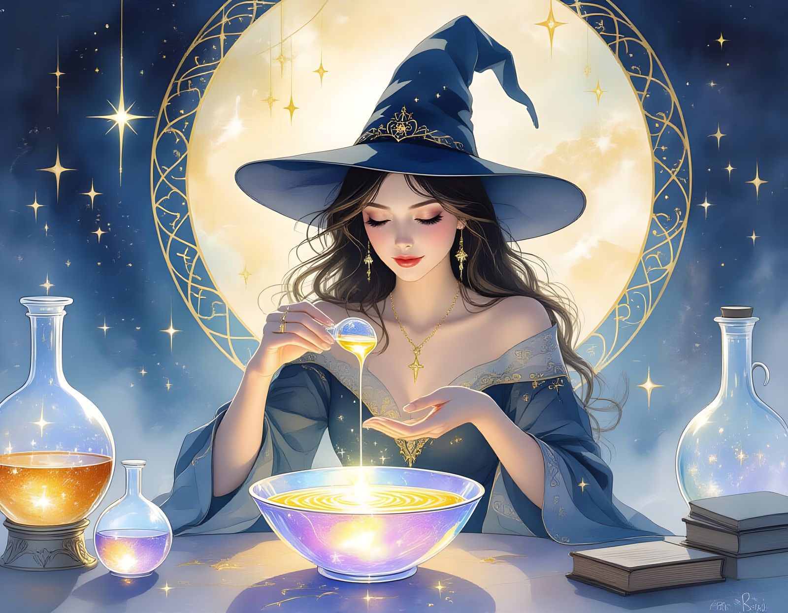 Ethereal Witch Alchemy: Starlight Distillation in Watercolor