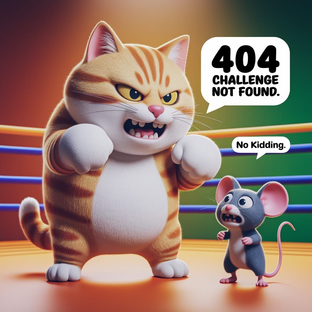 Whimsical Boxing Cat Towering Over Frightened Mouse in 3D St...