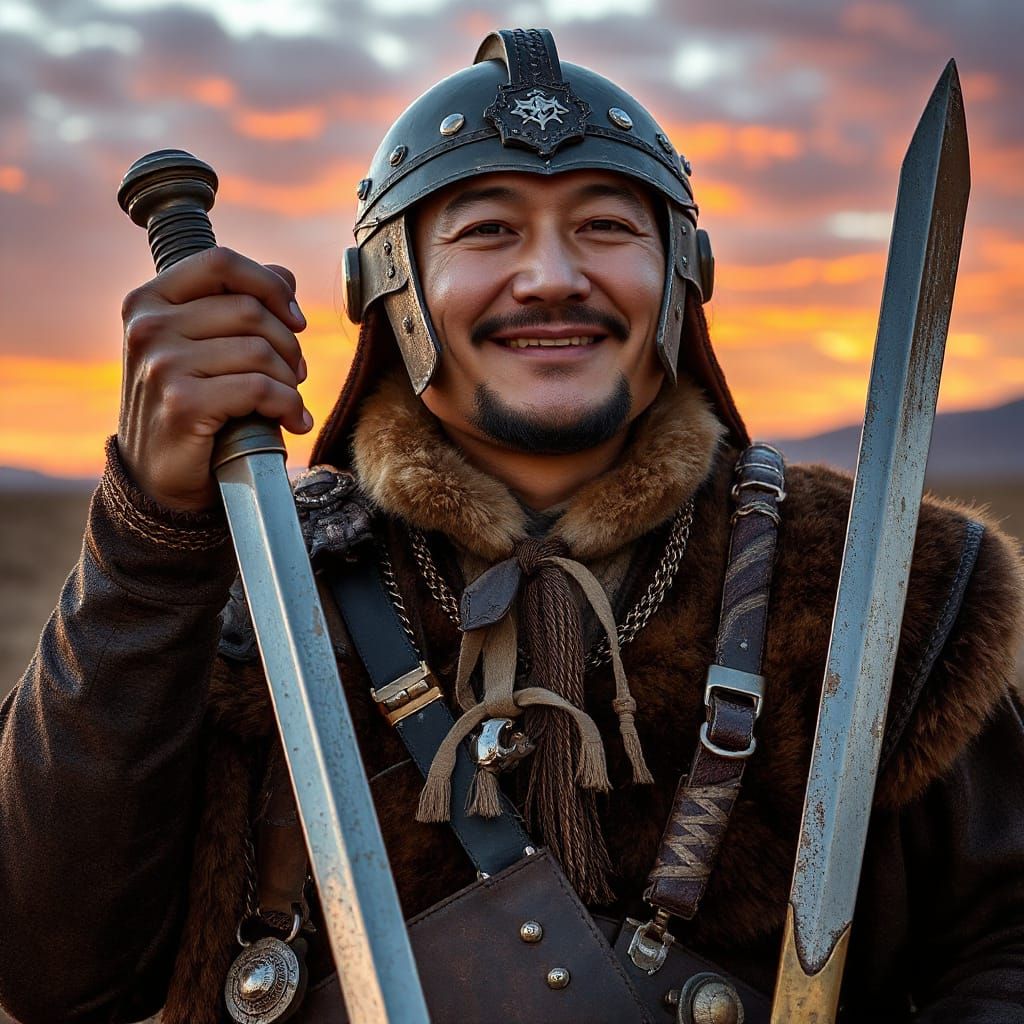 Genghis Khan Portrait in Warrior Attire with Sword